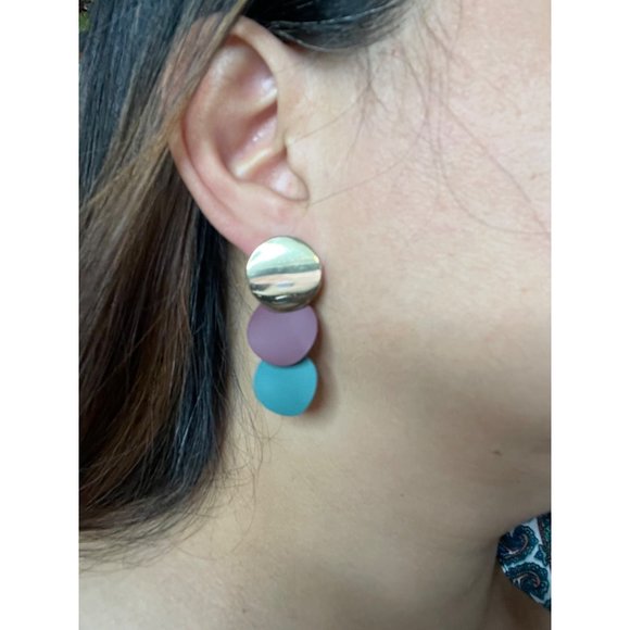 Geometric Drop Dangle Statement Earrings Gold Maroon Teal - Picture 2 of 7